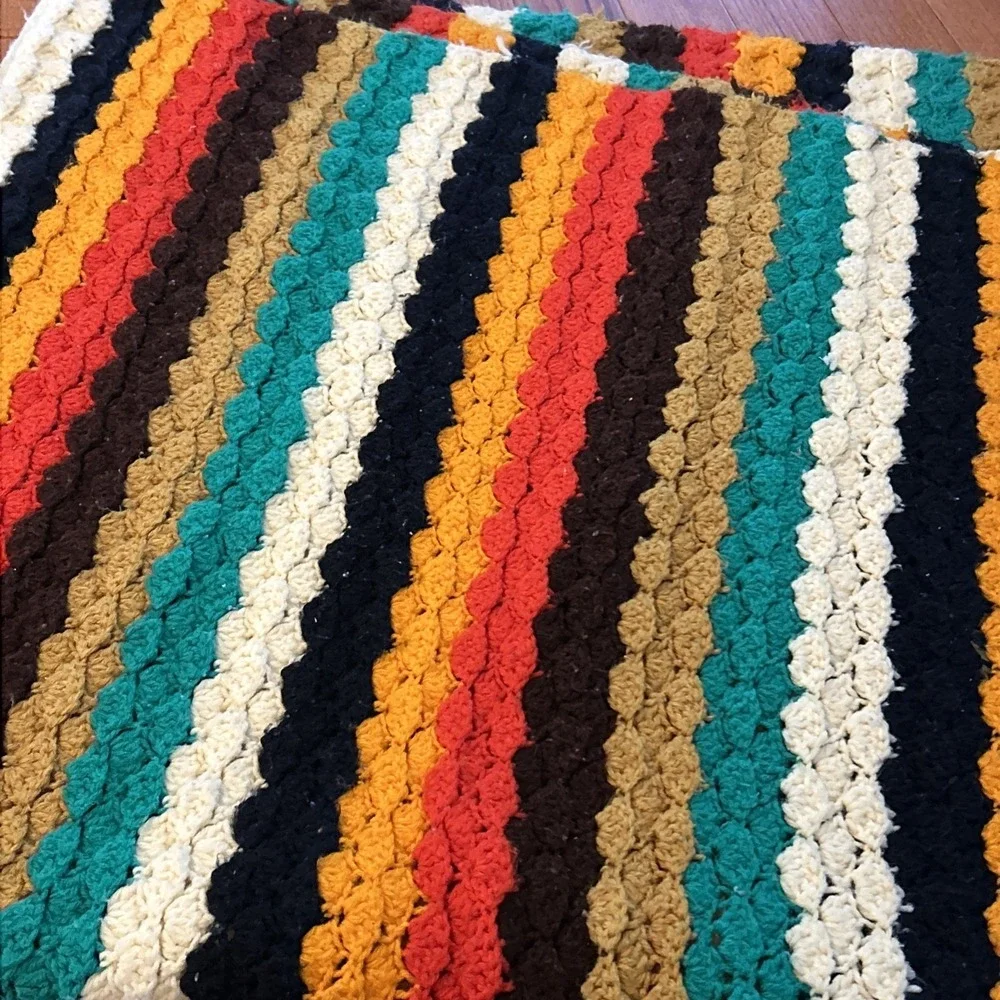Vintage Hand Made‎ Crochet Afghan Colorful Striped Throw 70-80's Granny 82
